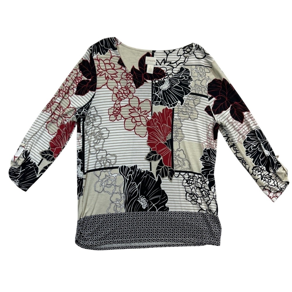 Chicos Top Shirt Womens Size 1 Small Roll Tab Sleeve V Neck Floral Print